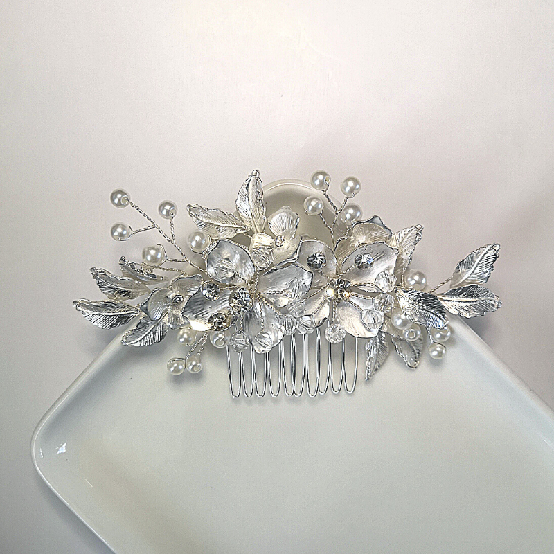 Alloy Flowers With Pearls And Crystals Silver Hair Comb